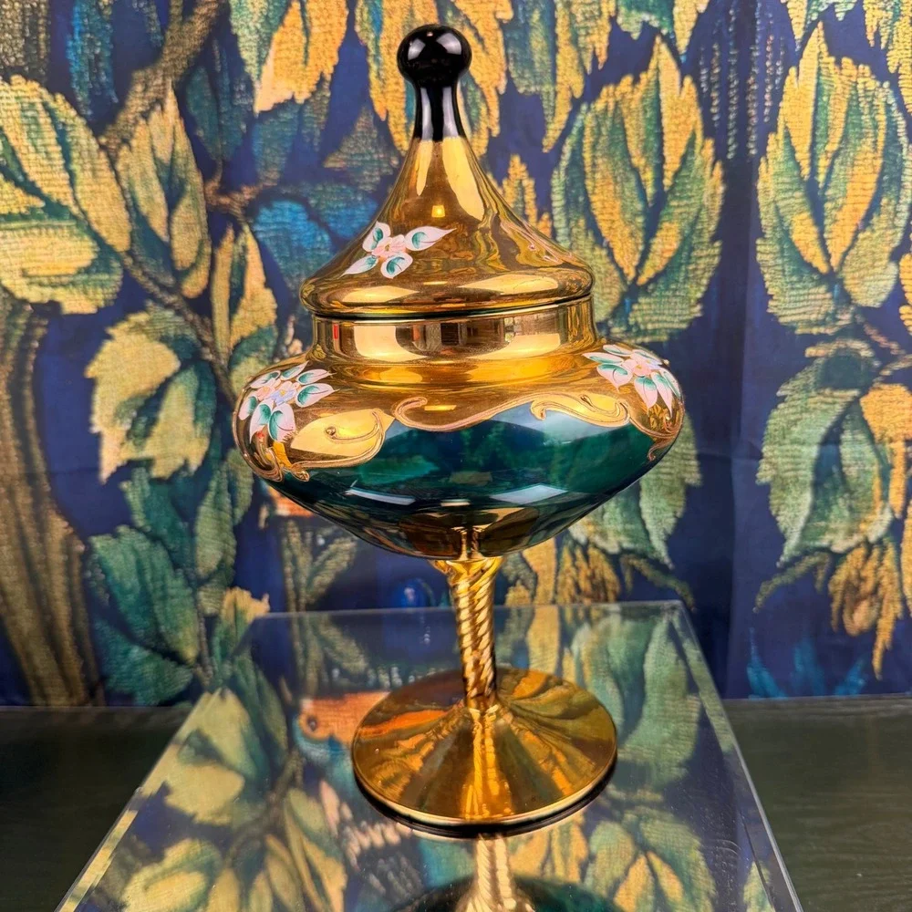 Vintage Venetian Murano Glass Compote Green Gold Hand Painted Floral‎ Candy Dish